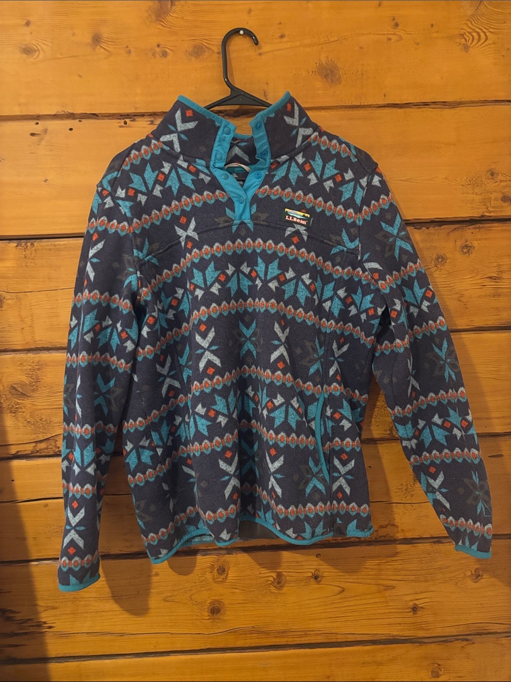 L.L. Bean Navy and Teal Patterned Pullover Sweater
